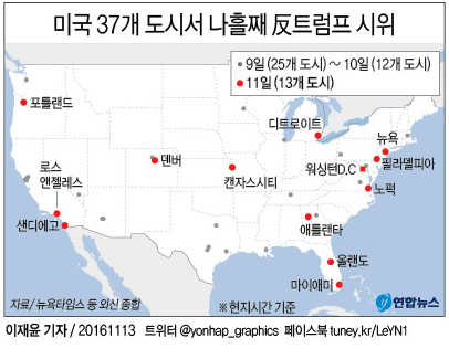 <그래픽> 미국 37개 도시서 나흘째 反트럼프 시위