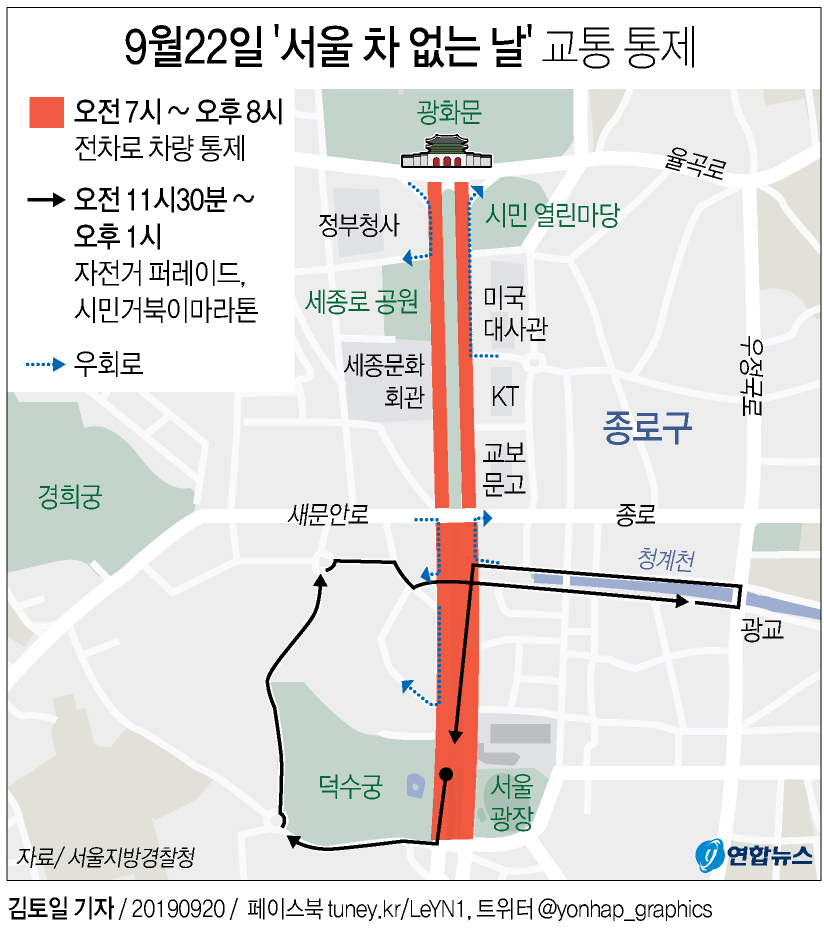 [그래픽] 9월22일 '서울 차 없는 날' 교통 통제