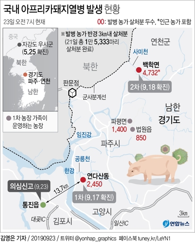 '한강 이남' 김포서 아프리카돼지열병 의심 신고…확산 초비상(종합) - 2