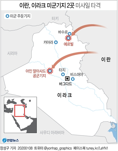 [그래픽] 이란, 이라크 미군기지 2곳 미사일 타격