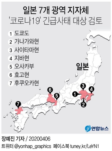 [그래픽] 일본 7개 광역 지자체 '코로나19' 긴급사태 대상 검토