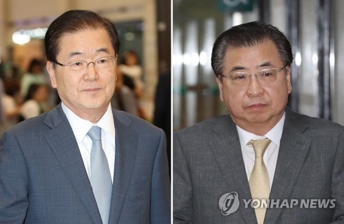 Chung Eui-yong (L), chief of the presidential National Security Office, and Suh Hoon, chief of the National Intelligence Service (Yonhap)