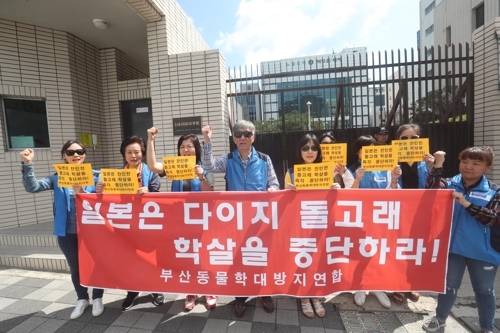 This undated file photo shows a South Korean civic organization's protest against the Taiji dolphin drive hunt. (Yonhap) 
