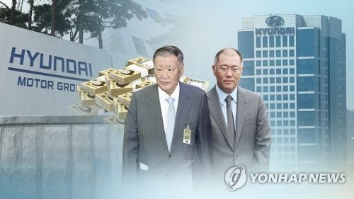 This undated Yonhap News TV image shows Hyundai Motor Group Chairman Chung Mong-koo (L) and his only son and heir apparent Vice Chairman Chung Eui-sun. (Yonhap)