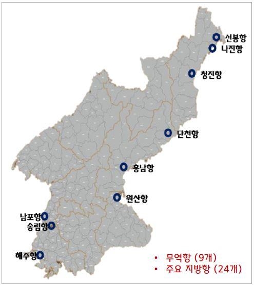 A map of the nine major ports in North Korea (Yonhap)