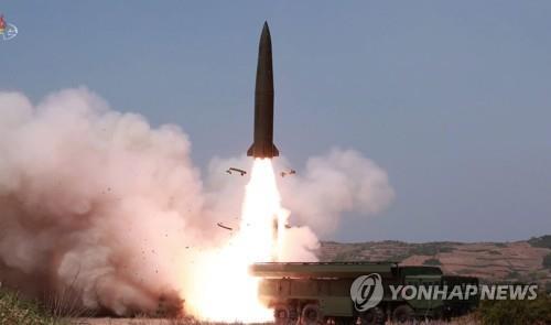 In this image, captured from the Korean Central TV Broadcasting Station, on May 5, 2019, a new type of tactical guided weapons, is fired the previous day. (For Use Only in the Republic of Korea. No Redistribution) (Yonhap)