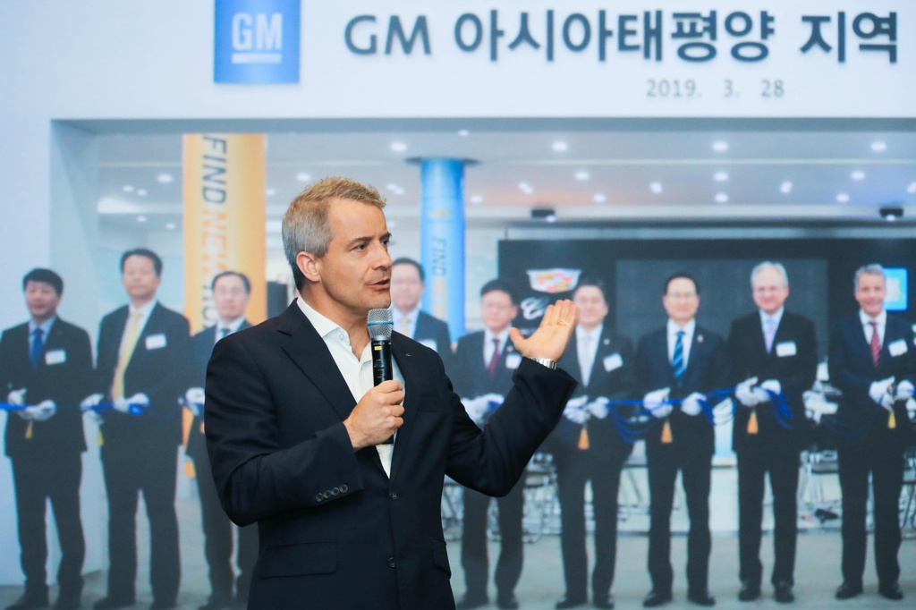 In this photo taken June 25, 2019, and provided by GM Korea, GM International President Julian Blissett answers questions from local reporters in a Q&A session held in GM Korea's plant in Incheon, just west of Seoul. (PHOTO NOT FOR SALE) (Yonhap) 