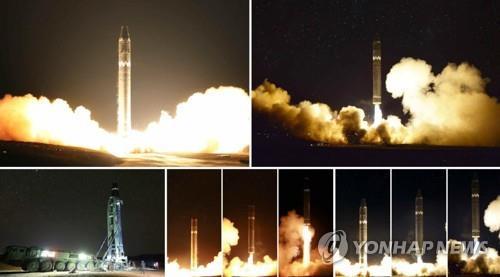 Shown here are images of the test-firing of North Korea's Hwasong-15 intercontinental ballistic missile on Nov. 29, 2017. The North's Rodong Sinmun published the images in its Nov. 29 edition. (For Use Only in the Republic of Korea. No Redistribution) (Yonhap)