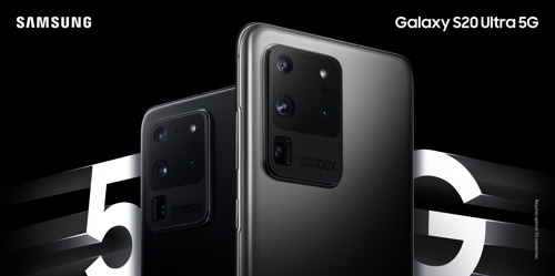 This photo provided by Samsung Electronics Co. on Feb. 11, 2020, shows the company's Galaxy S20 Ultra 5G smartphones. (PHOTO NOT FOR SALE) (Yonhap)