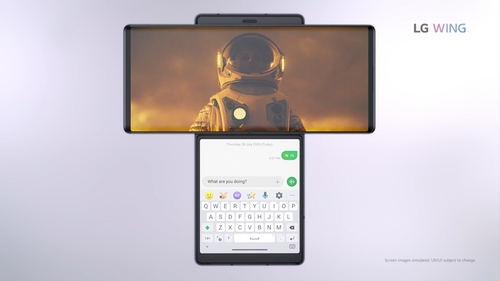 This photo, provided by LG Electronics Inc. on Sept. 14, 2020, shows the company's new dual-screen smartphone, the Wing. (PHOTO NOT FOR SALE) (Yonhap)