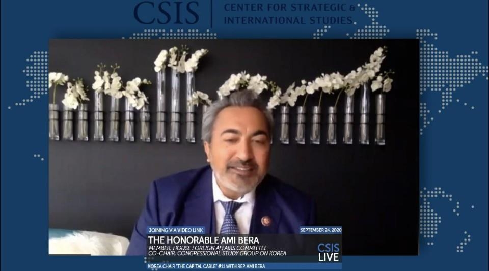 The captured image from the website of Washington-based think tank, Center for Strategic and International Studies (CSIS), shows Ami Bera, a Democratic member of the House of Representatives and chairman of the House Subcommittee on Asia, the Pacific and Nonproliferation, speaking in a webinar hosted by the CSIS on Sept. 24, 2020. (Yonhap)