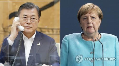 The photo on the left, provided by South Korea's presidential office, shows President Moon Jae-in holding a phone conversation with German Chancellor Angela Merkel on Oct. 1, 2020. The file photo on the right, provided by EPA, shows German Chancellor Angela Merkel. (PHOTO NOT FOR SALE) (Yonhap)