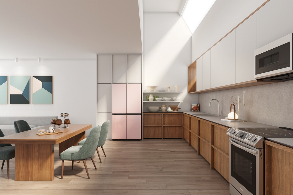 This photo provided by Samsung Electronics Co. on Jan. 5, 2021, shows the company's BESPOKE refrigerator. (PHOTO NOT FOR SALE) (Yonhap)