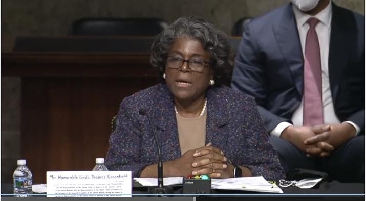 The captured image from the website of the U.S. Senate Foreign Relations Committee shows U.S. Ambassador to U.N. nominee Linda Thomas-Greenfield speaking in a Senate confirmation hearing on Jan. 27, 2021. (Yonhap)
