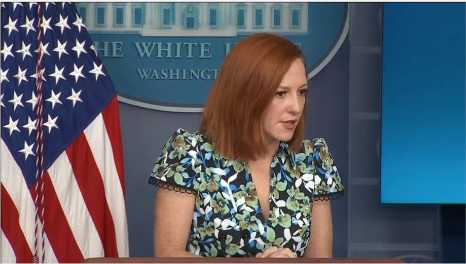 The captured image from the website of the White House shows spokeswoman Jen Psaki answering questions in a daily press briefing at the White House in Washington on April 16, 2021. (Yonhap)