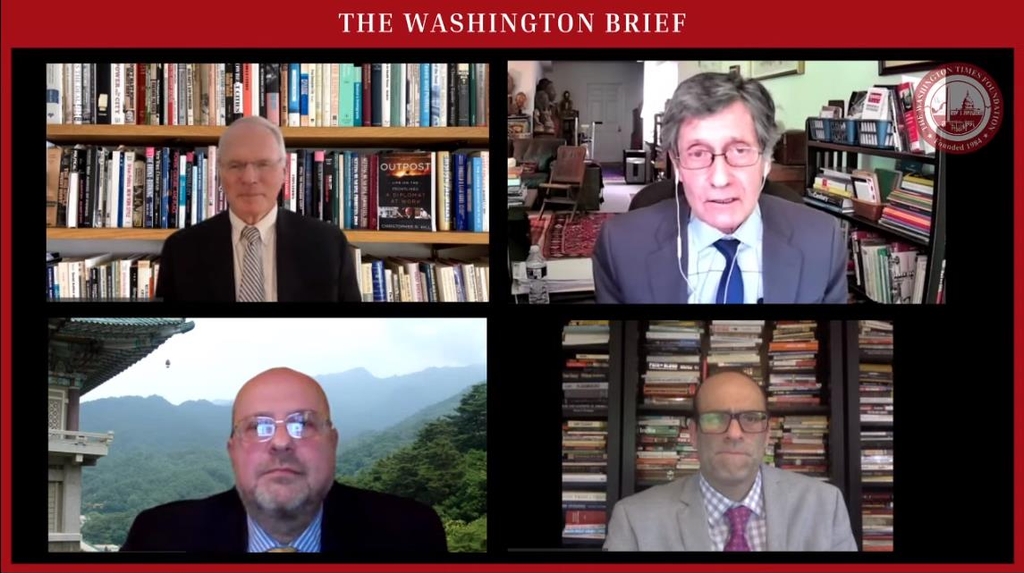 The captured image shows U.S. experts taking part in a webinar hosted by the Washington Times Foundation on May 4, 2021. They are (from top L, clockwise) Christopher Hill, former U.S. ambassador to South Korea, Joseph DeTrani, former special U.S. envoy to the six-nation denuclearization talks with North Korea, Guy Taylor, Washington Times journalist, and Alexandre Mansourov, professor of security studies at Georgetown University. 