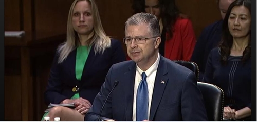 The image captured from the website of the Senate Foreign Relations Committee shows Daniel Kritenbrink, nominee for assistant secretary of state for East Asian and Pacific affairs, delivering opening remarks in a confirmation hearing in Washington on June 15, 2021. (PHOTO NOT FOR SALE) (Yonhap)