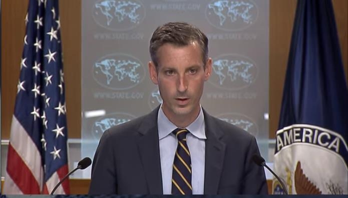 U.S. Department of State spokesman Ned Price is seen answering questions at a daily press briefing at the State Department in Washington on July 22, 2021, in this image captured from the department's website. (PHOTO NOT FOR SALE) (Yonhap)