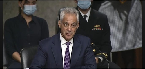 Rahm Emnuel, nominee for U.S. ambassador to Japan, is seen answering questions in a confirmation hearing by the Senate foreign relations committee in Washington on Oct. 20, 2021 in the image captured from the website of the Senate committee. (PHOTO NOT FOR SALE( (Yonhpap)