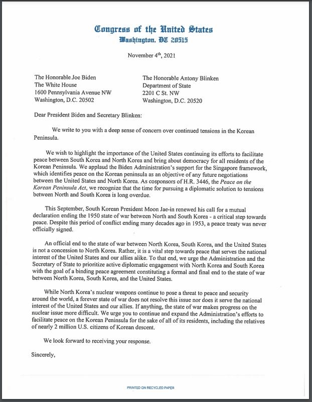 This image, provided by the Korean American Public Action Committee on Nov. 8, 2021, shows a letter sent to U.S. President Joe Biden and Secretary of State Antony Blinken by a group of 23 U.S. lawmakers to call for the U.S. administration to consider declaring a formal end to the Korean War. (PHOTO NOT FOR SALE) (Yonhap)