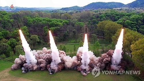 A tactical drill simulating a nuclear counterattack by North Korean super-large multiple rocket units is under way under the inspection of North Korean leader Kim Jong-un on April 22, 2024, in this photo released by the North's official Korean Central News Agency. (For Use Only in the Republic of Korea. No Redistribution) (Yonhap)