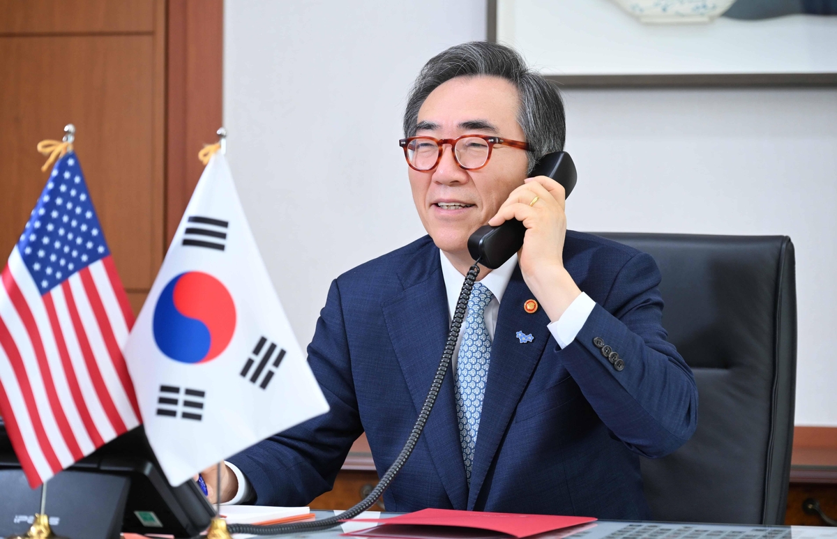 Foreign Minister Cho Tae-yul holds phone talks with U.S. Secretary of State Antony Blinken at his office in Seoul on May 17, 2024, in this photo provided by the foreign ministry. (PHOTO NOT FOR SALE) (Yonhap) 