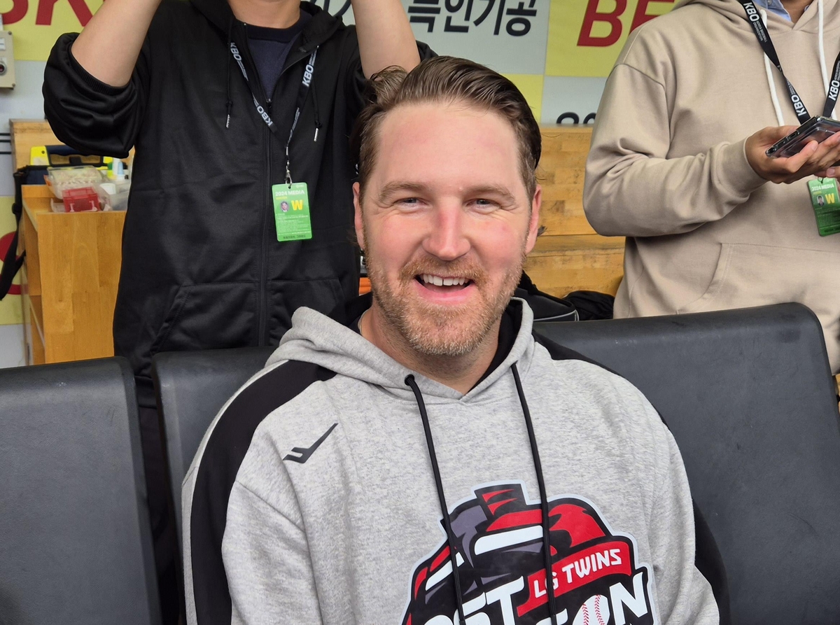 LG Twins pitcher Dietrich Enns speaks with reporters at Daegu Samsung Lions Park in Daegu, 235 kilometers southeast of Seoul, before a Korea Baseball Organization postseason game against the Samsung Lions on Oct. 15, 2024. (Yonhap)