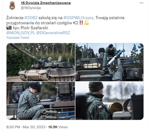 Des soldats effectuent les derniers préparatifs pour un exercice de tirs réels de chars K2 et mortiers K9. (Capture du compte Twitter de la 16e division blindée polonaise. Revente et archivage interdits)