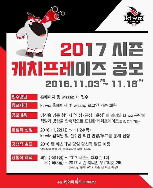 <야구소식> 케이티, 2017년 캐치프레이즈 공모…1등 시즌권 - 1