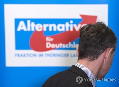 기자회견 후 돌아서는 회케 의원 뒤로 AfD 당의 로고가 보인다