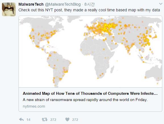 트위터 계정 '@MalwareTech'를 쓰는 보안전문가의 트윗