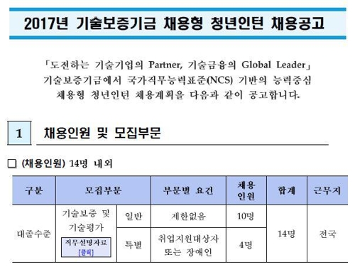 기술보증기금 인턴 채용 공고문 일부
