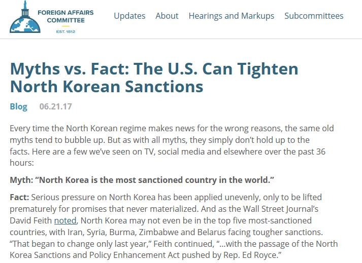 '미신 對 팩트: 미국 대북제재 강화할 수 있다'는 제목의 미 하원 외교위 게시 자료