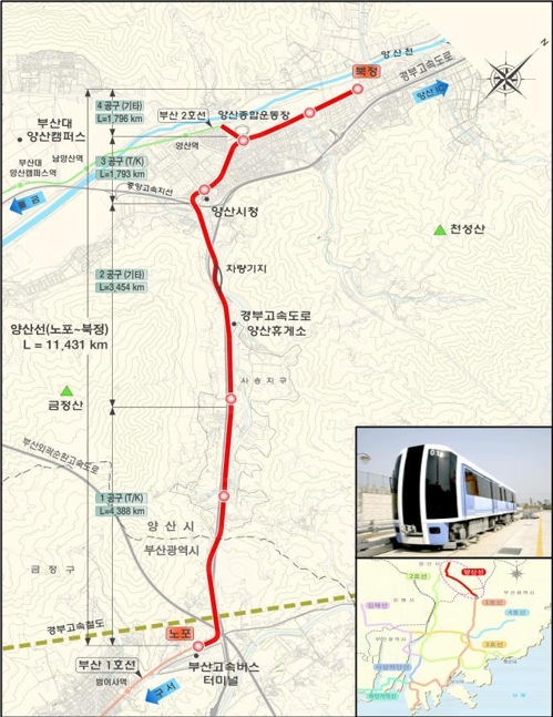양산도시철도 위치 및 노선도
