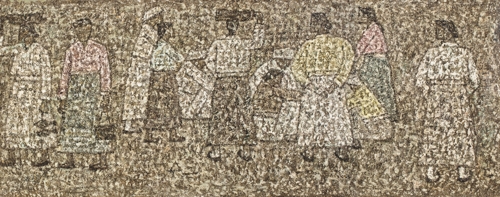 박수근, 시장의 사람들, 메소나이트에 유채, 24.9×62.4cm, 1961(뒷면 사인)