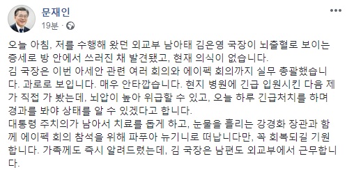 아세안회의 실무총괄 외교부국장 쓰러져…문대통령 "꼭회복되길"(종합2보) - 1