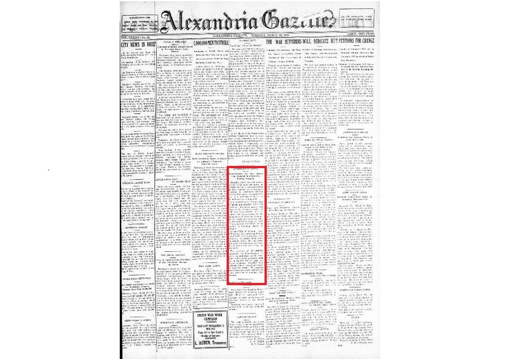 알렉산드리아 가제트 1919년 3월 18일자 1면 [미국 의회도서관(Library of congress) 제공] Alexandria gazette. (Alexandria, D.C), 18 March 1919. Chronicling America: Historic American Newspapers. Lib. of Congress. <https://chroniclingamerica.loc.gov/lccn/sn85025007/1919-03-18/ed-1/seq-1/>