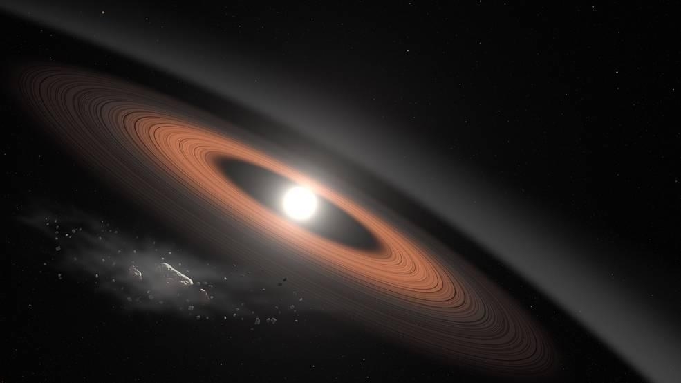 고리에 둘러싸인 백색왜성 J0207 상상도. 왼쪽 하단은 중력으로 부서진 소행성 