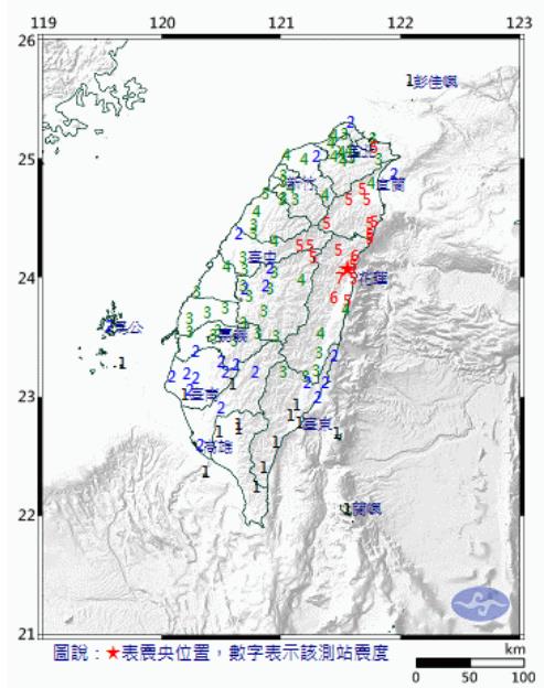대만 지진 발생 지역(별 표시된 부분이 진원)