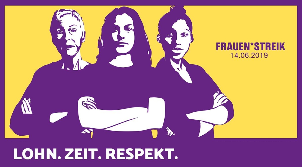 "임금. 시간. 존중." 2019년 6월 14일 스위스 여성시위 포스터