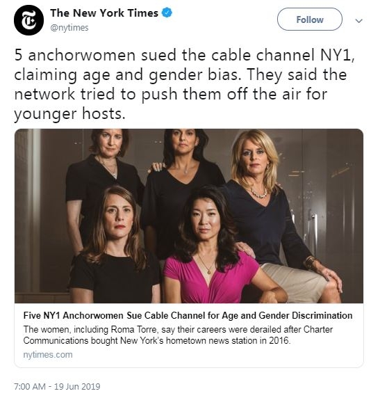 19일 뉴욕타임스(NYT)에 보도된 NY1 소속 여성 앵커들이 낸 소송 기사