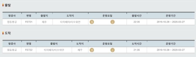 원동항공의 제주와 타오위안 공항 비행 일정