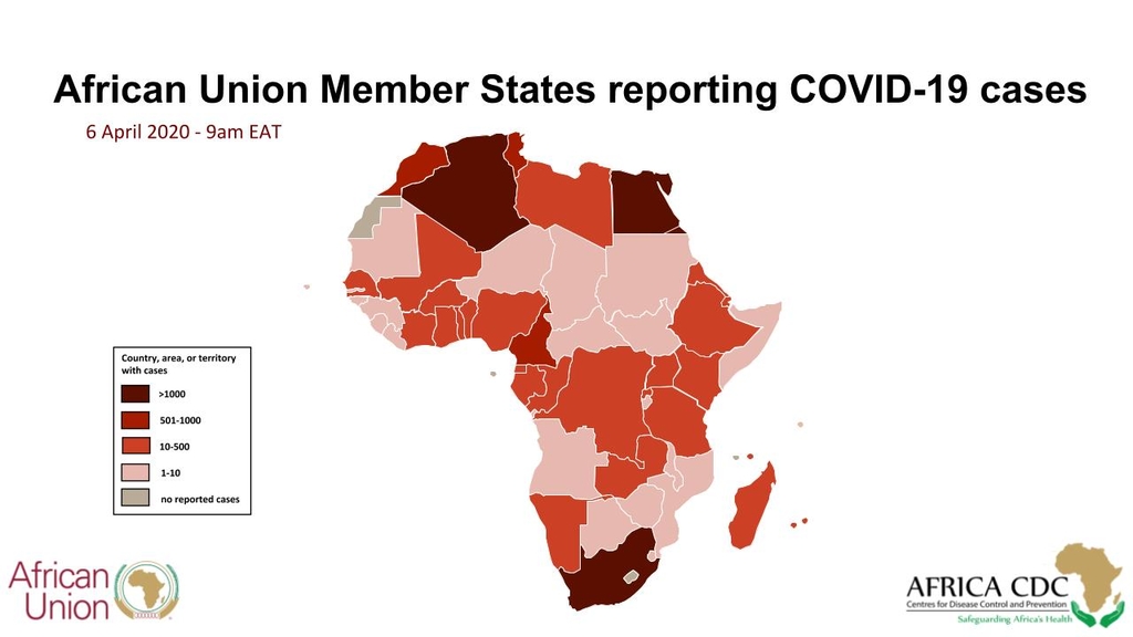 아프리카 코로나19 발병현황(진할수록 확진자 다수)