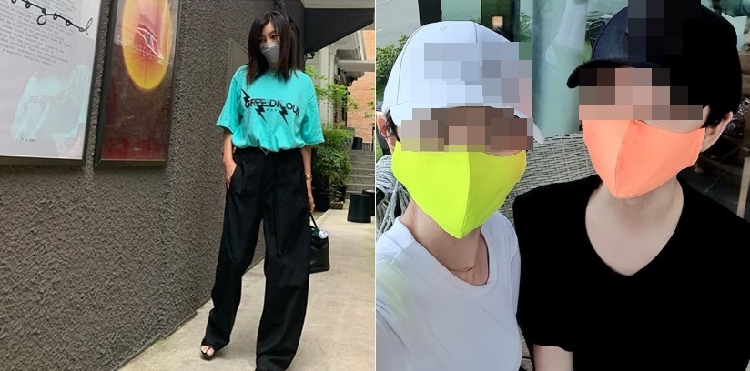 컬러 마스크를 착용한 배우 황신혜(왼쪽)와 '#김혜수패션'관련 해시태그 사진 