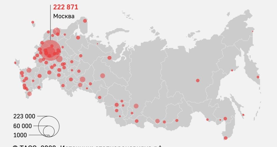러시아 코로나19 전국 확산 상황. 붉은 원이 클수록 확진자가 많다는 의미다. [타스 자료=연합뉴스]