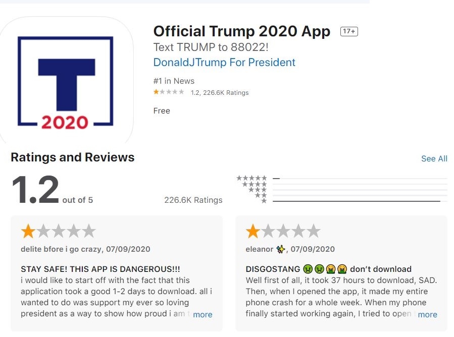도널드 트럼프 미국 대통령이 애플스토어에 내놓은 공식 대선 캠페인 애플리케이션에 악평이 달려 있다.[애플스토어 캡처. 재판매 및 DB금지.]