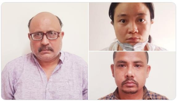 인도 경찰에 체포된 인도인 프리랜서 기자(왼쪽)와 중국인 여성(오른쪽 위). [ANI통신 트위터 캡처]
