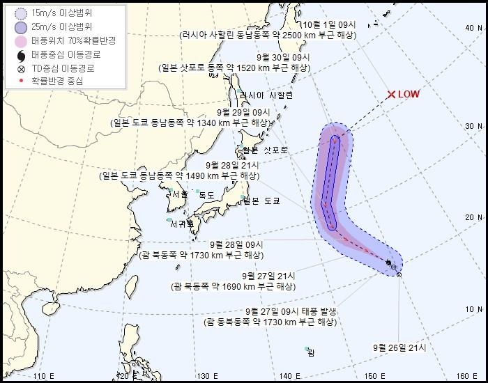 제13호 태풍 '구지라' 예상 이동경로(27일 오전 9시 기준)
