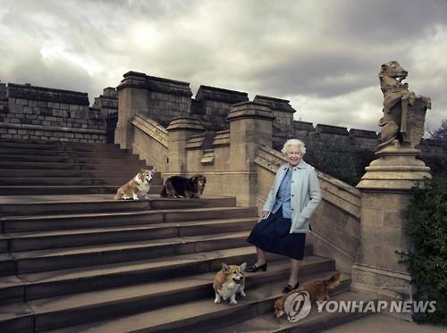 2016년 90세 생일 당시 애완견들과 함께 한 영국 여왕 [연합뉴스 자료사진]