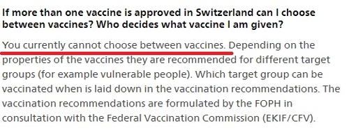 스위스 정부의 백신 선택 질문에 대한 안내